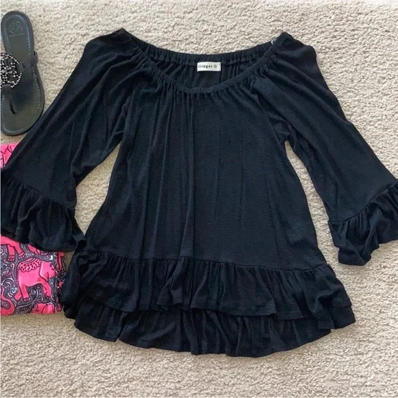 Black Off the Shoulder Ruffle Sleeve Top - Picture 4 of 8